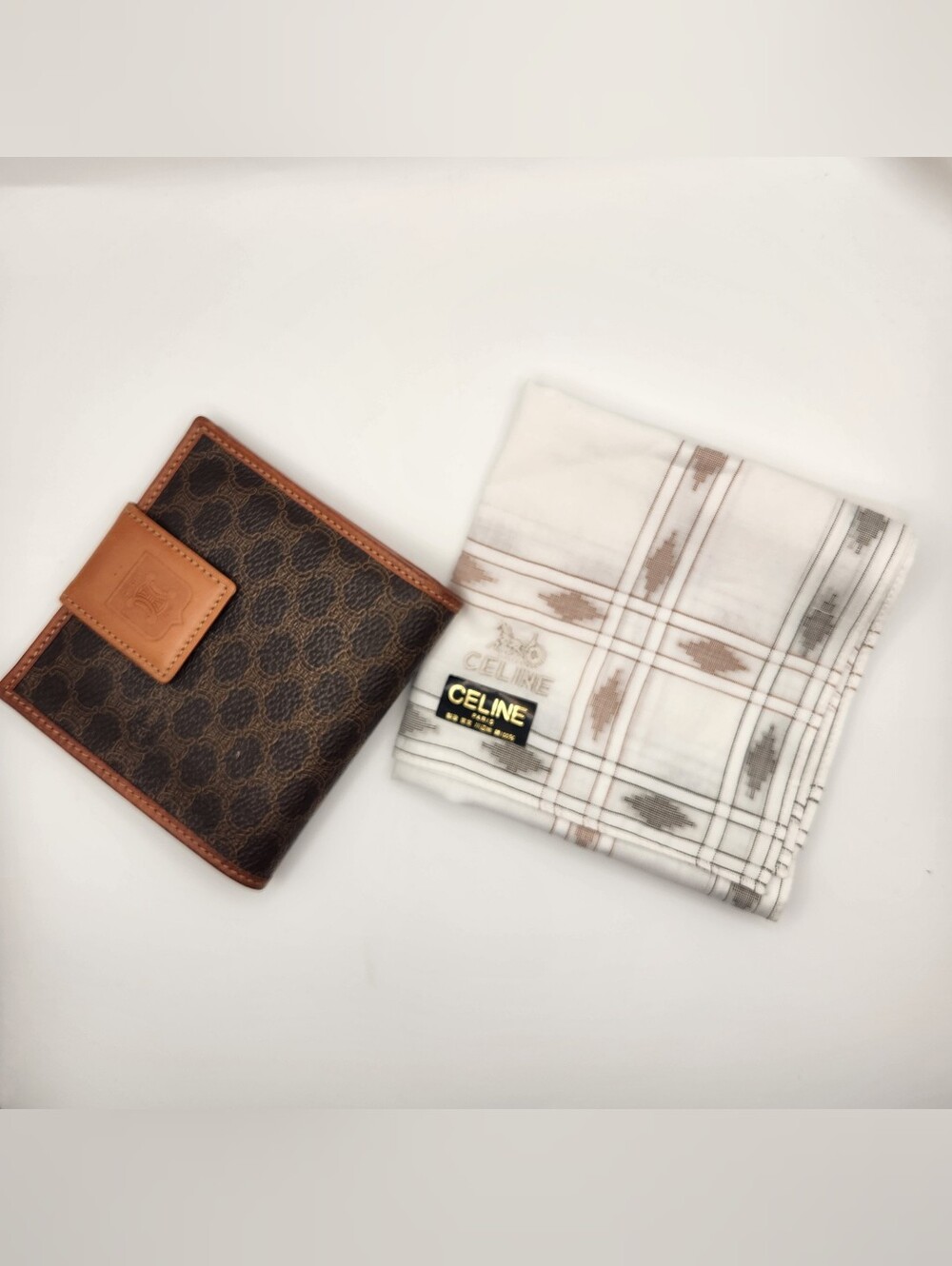 Vintage Celine Macadam Wallet & Monogram Plaid Handkerchief Set - Authentic